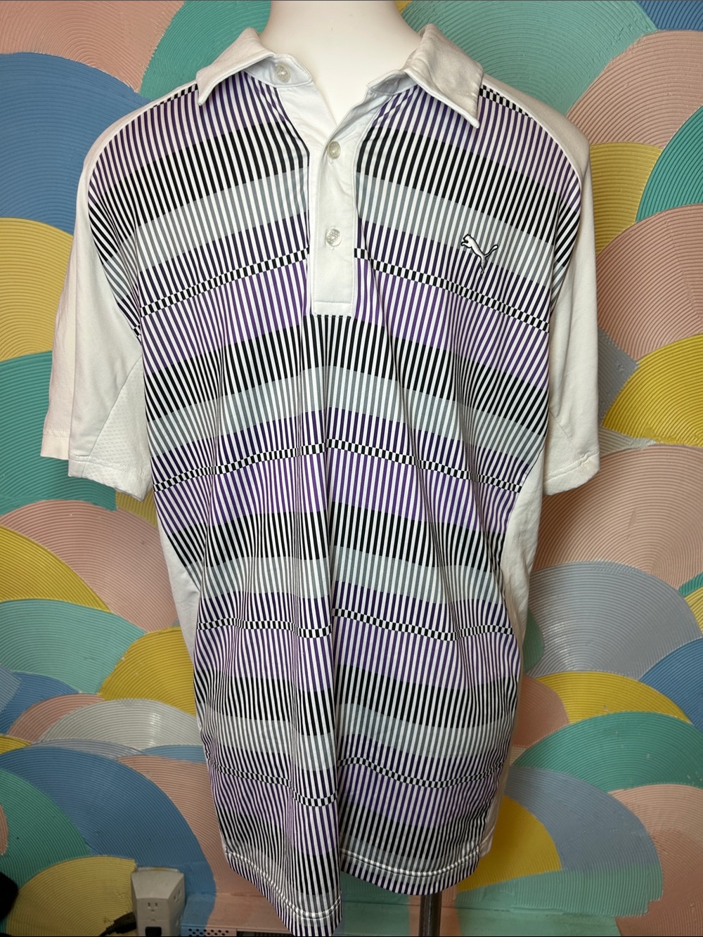 Puma Men’s White and Lavender Striped Short Sleeve Polo sz L